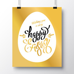 Poster gold color with a handwritten phrase of happy easter and silhouette of the egg