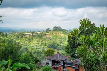 Above green terraced rice field and traditional rural architecture of Bali island. South East Asia mountain landscape, travel background photography. Amazing tropical nature of Indonesia.