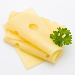 Cheese slices on white background cutout.