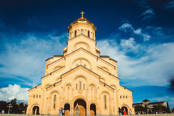 Holy Trinity Cathedral Tsminda Sameba in Tbilisi, Georgia. Georgian Orthodox Church. Welcome To Georgia. Tourist attraction. Religious background. Travel concept. Caucasus region. Sightseeing