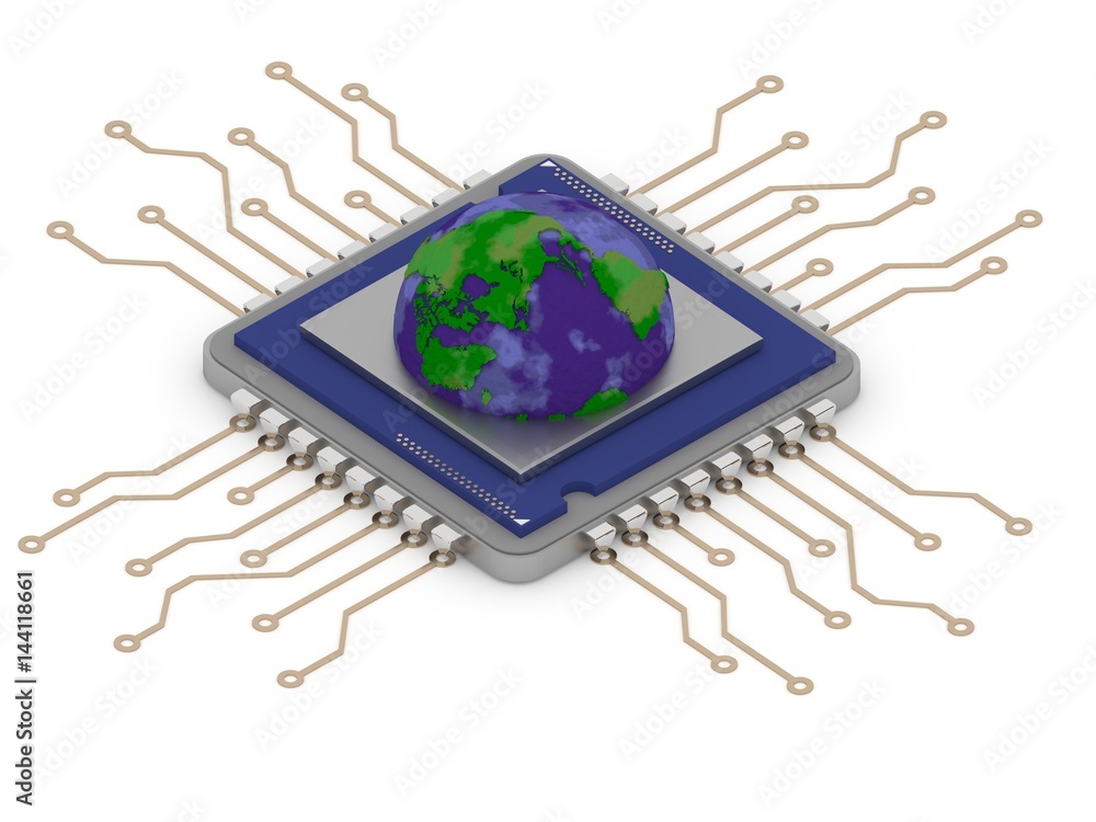 Aufkleber realistic globe icon on cpu 3d render