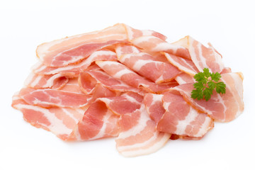 Bacon isolated on white background. Delikatese food.