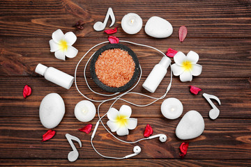 Beautiful spa composition with notes on table