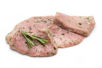Steak with spices isolated on white background.