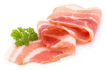 Bacon isolated on white background. Delikatese food.