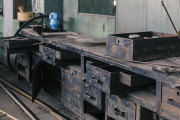 old metal desk with shelfs