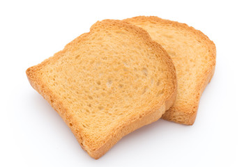 Slices of toast bread on wooden table, top view.