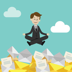 Businessman or manager has a lot of emails but keep calm doing yoga in lotus pose. Job is finished successfull.