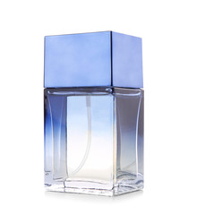 Bottle of modern male perfume on white background