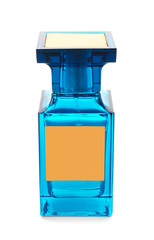 Bottle of modern male perfume on white background