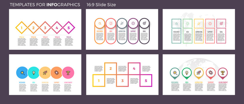 Business infographics. Presentation templates with 5 steps, options. Vector infographic arrows, flowcharts, diagrams, pie charts.