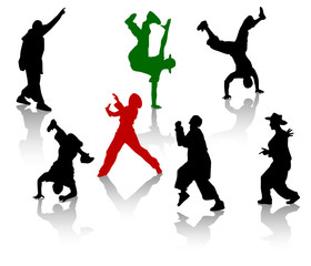 Silhouettes of streetdancers teens. Hiphop and breakdancing.