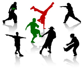 Silhouettes of streetdancers teens. Hiphop and breakdancing.