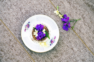 La panna cotta decorata con il cacao e con i fiorellini primaverili freschi