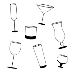 different types of glasses for drinking, black and white