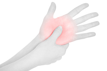 Woman hand touching the red painful palm area isolated on white, clipping path
