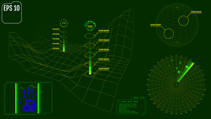 Radar screen with planet, map, targets and futuristic user interface HUD. Green infographic elements. Vector illustration.