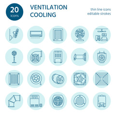 Ventilation equipment line icons. Air conditioning, cooling appliances, exhaust fan. Household and industrial ventilator thin linear signs for store.