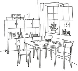 Interior hand-drawn sketch. Kitchen with a table, tableware, four chairs, window, cupboard.