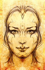 Fototapeta na wymiar Mystic woman. pencil drawing on old paper.