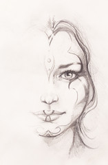 Mystic woman. pencil drawing on old paper.