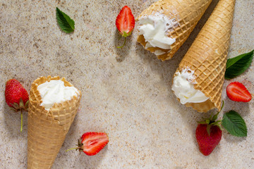Ice cream with strawberries, place for your text.