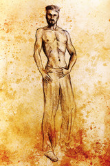Mystic man. pencil drawing on old paper. Color effect.