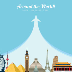 World landmarks. Travel and tourism background. Vector flat illustration