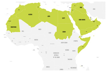 Obraz premium Arab World states political map with higlighted 22 arabic-speaking countries of the Arab League. Northern Africa and Middle East region. Vector illustration.