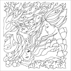 Abstract decorative pattern with surreal female faces, leaves, waves, branches and leaves. Black and white illustration for coloring pages or other.