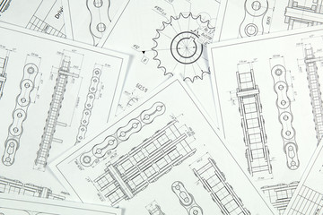 Technical engineering drawing, details of drive industrial chain, sprocket and mechanisms.