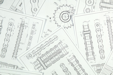 Fototapeta premium Technical engineering drawing, details of drive industrial chain, sprocket and mechanisms.