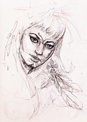 Mystic woman warior portrait. pencil drawing on old paper.