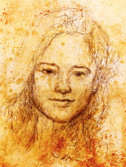 Fototapeta na wymiar woman portrait. pencil drawing on old paper.