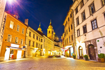 Fototapeta na wymiar Old town of Ljubljana colorful street and architecture evening view
