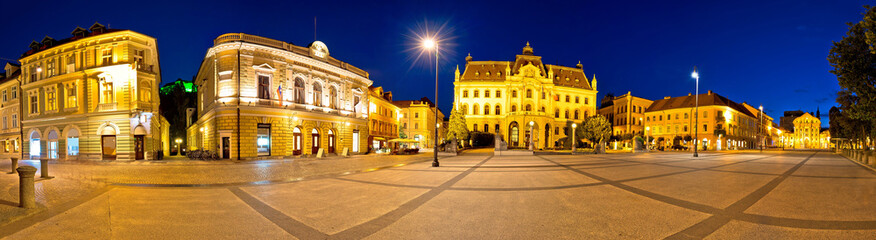 Fototapeta na wymiar Ljubljana square and landmarks evening panoramic view