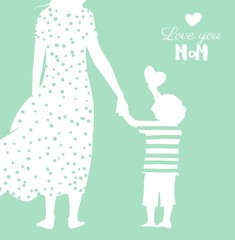 Happy Mother`s Day flyer, banner or poster, silhouette of a mother holding her child hand. Vector illustration
