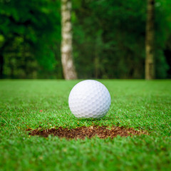 Golf ball on green meadow. golf ball on lip of cup