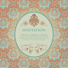 Wedding invitation and announcement card with vintage background artwork. Elegant ornate damask background. Elegant floral abstract ornament. Design template.