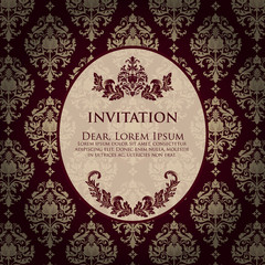 Wedding invitation and announcement card with vintage background artwork. Elegant ornate damask background. Elegant floral abstract ornament. Design template.