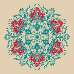 Vector ornamental round lace with damask and arabesque elements. Mehndi style. Orient traditional ornament. Zentangle-like round colored floral ornament.