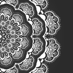 Wedding invitation and announcement card with ornamental round lace with arabesque elements. Mehndi style. Orient traditional ornament. Zentangle-like round colored floral ornament.