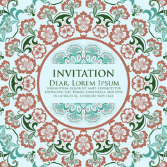 Wedding invitation and announcement card with ornamental round lace with arabesque elements. Mehndi style. Orient traditional ornament. Zentangle-like round colored floral ornament.