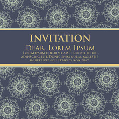 Wedding invitation and announcement card with ornamental round lace with arabesque elements. Mehndi style. Orient traditional ornament. Zentangle-like round colored floral ornament.