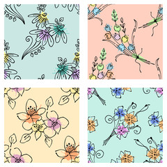 Vector set of seamless floral pattern with flowers, leaves, decorative elements, splash, blots, drop Hand drawn contour lines and strokes Doodle sketch style, graphic vector drawing illustration