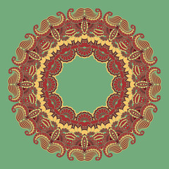 Vector ornamental round lace with damask and arabesque elements. Mehndi style. Orient traditional ornament. Zentangle-like round colored floral ornament.