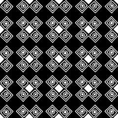 Seamless vector pattern. Black and white geometrical background with hand drawn decorative tribal elements. Print with ethnic, folk, traditional motifs. Graphic vector illustration.