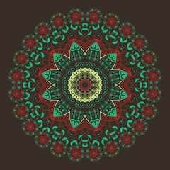 Vector ornamental round lace with damask and arabesque elements. Mehndi style. Orient traditional ornament. Zentangle-like round colored floral ornament.
