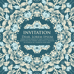 Wedding invitation and announcement card with ornamental round lace with arabesque elements. Mehndi style. Orient traditional ornament. Zentangle-like round colored floral ornament.