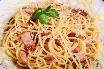 Meat paste. Spaghetti with bacon